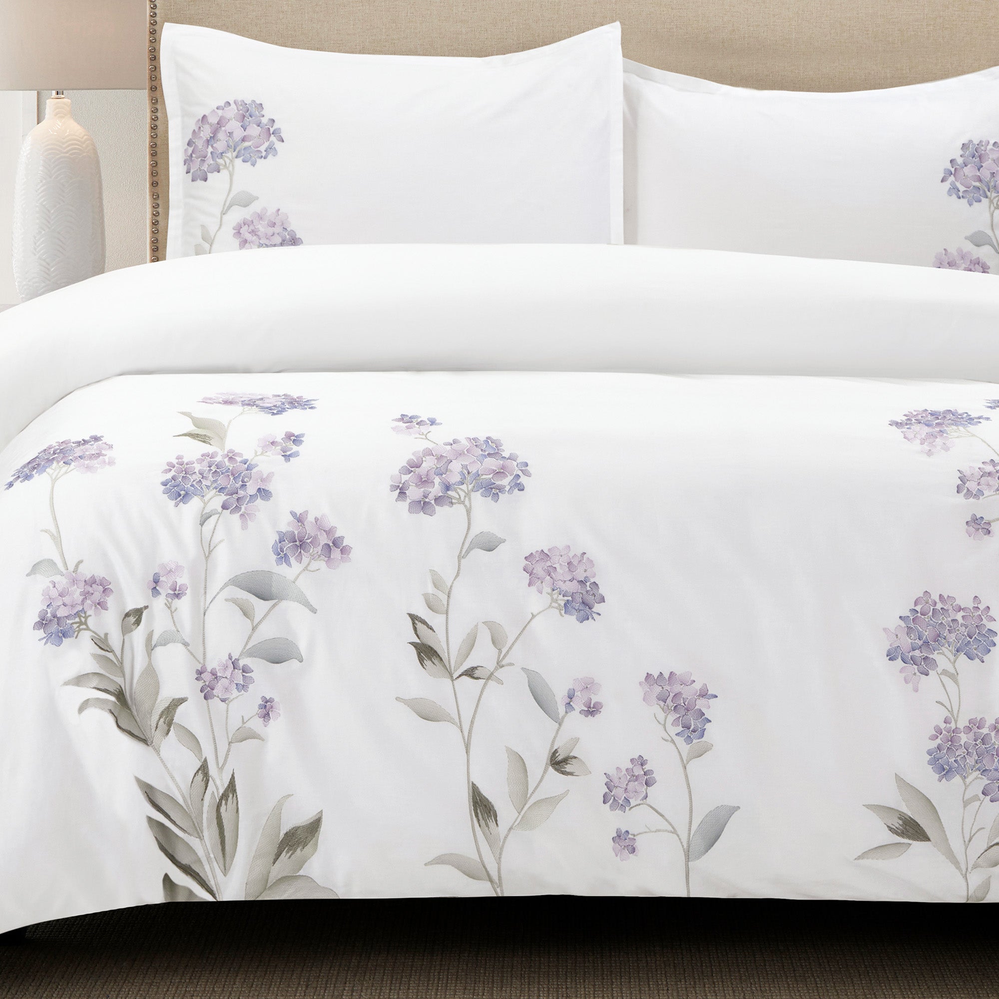 Hydrangea Floral 100% Cotton Embroidered Duvet Cover Set