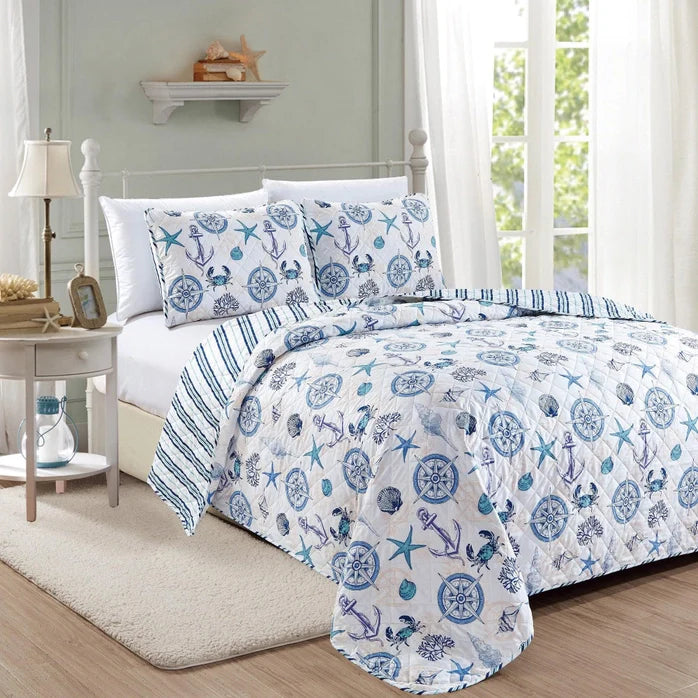 Coastal Azure Cotton Quilt Set 3PC - Blue Coastal Bedding Sets