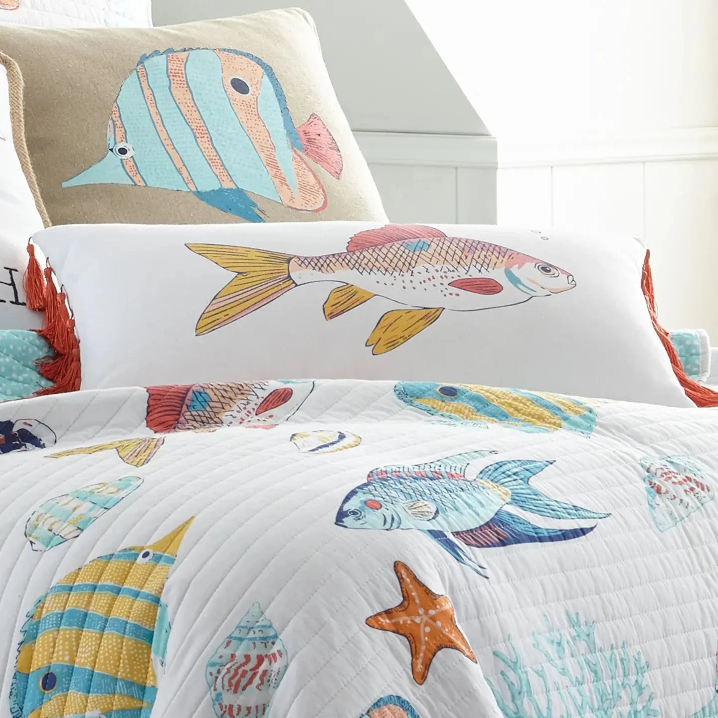 Barrier Reef Fish Pillow w/ Tassles - Ocean Themed Throw Pillows