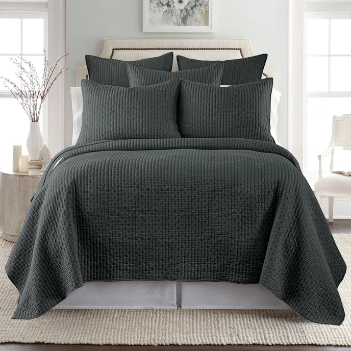 Beautiful Cross Stitch 100% Cotton Quilt Set - Charcoal
