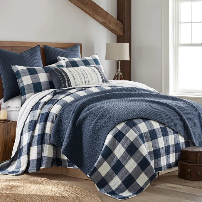 Sale! Queen Cross Stitch 100% Cotton Quilt Set - Navy Blue