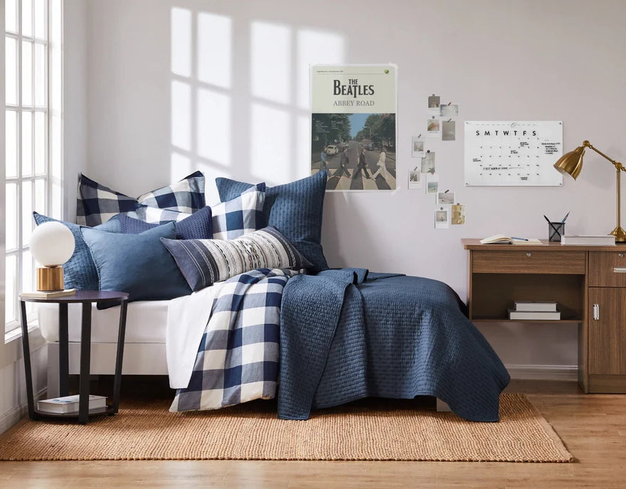 Sale! Queen Cross Stitch 100% Cotton Quilt Set - Navy Blue