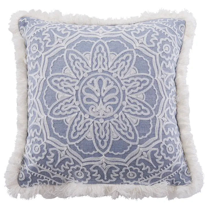 Bennett Embroidered Fringe Pillow - Coastal Accent Pillows
