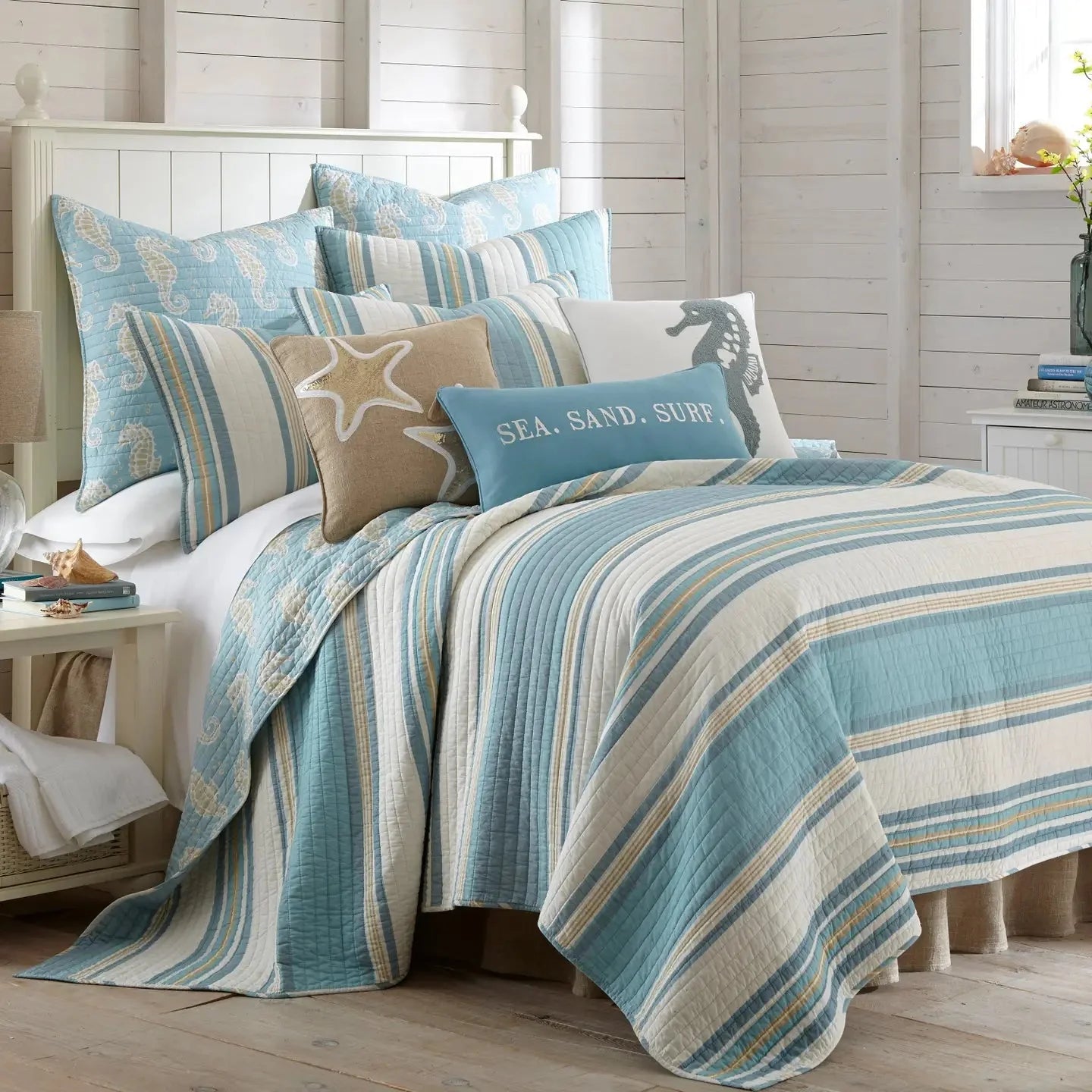 Blue Maui Seahorse Towel Stitch Pillow - Coastal Seahorse Pillow