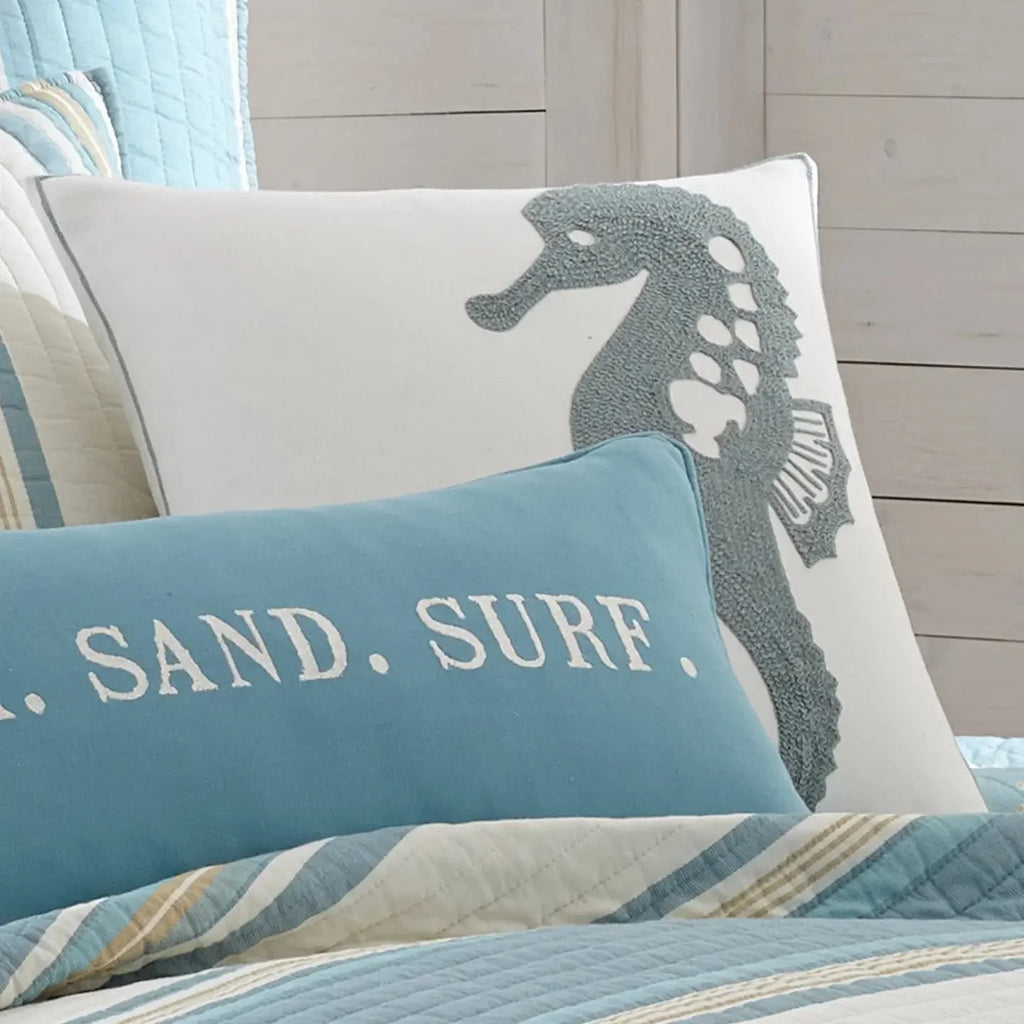 Blue Maui Seahorse Towel Stitch Pillow - Coastal Seahorse Pillow