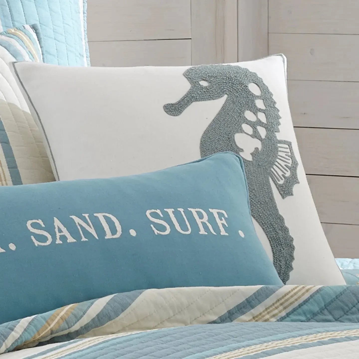Blue Maui Seahorse Towel Stitch Pillow - Coastal Seahorse Pillow