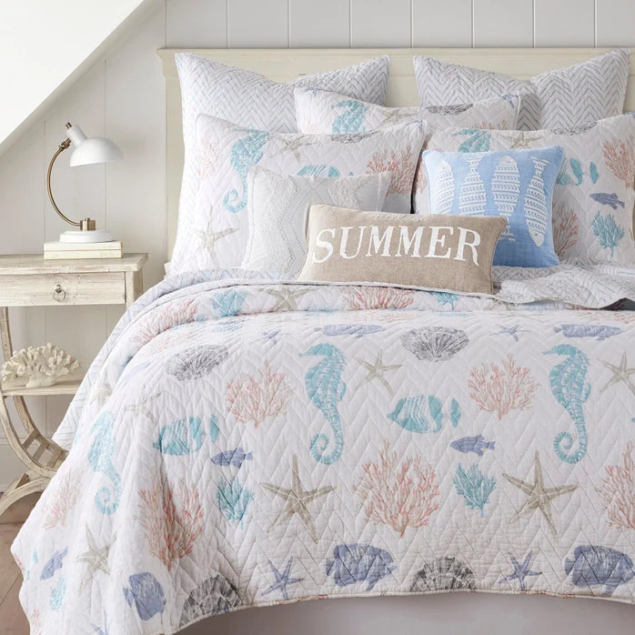 "Blue Sea Cotton Coastal Quilt Set - Seahorse, Shells and Coral"
