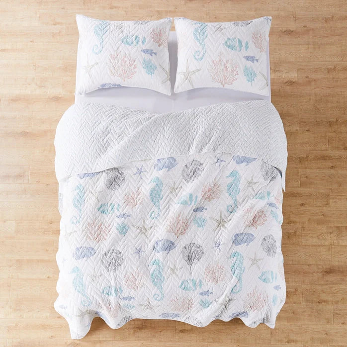 "Blue Sea Cotton Coastal Quilt Set - Seahorse, Shells and Coral"