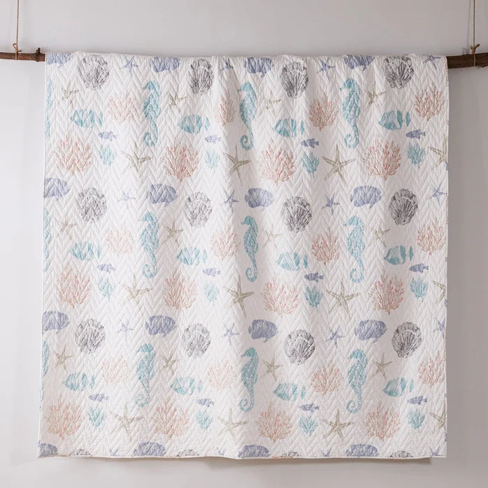 "Blue Sea Cotton Coastal Quilt Set - Seahorse, Shells and Coral"