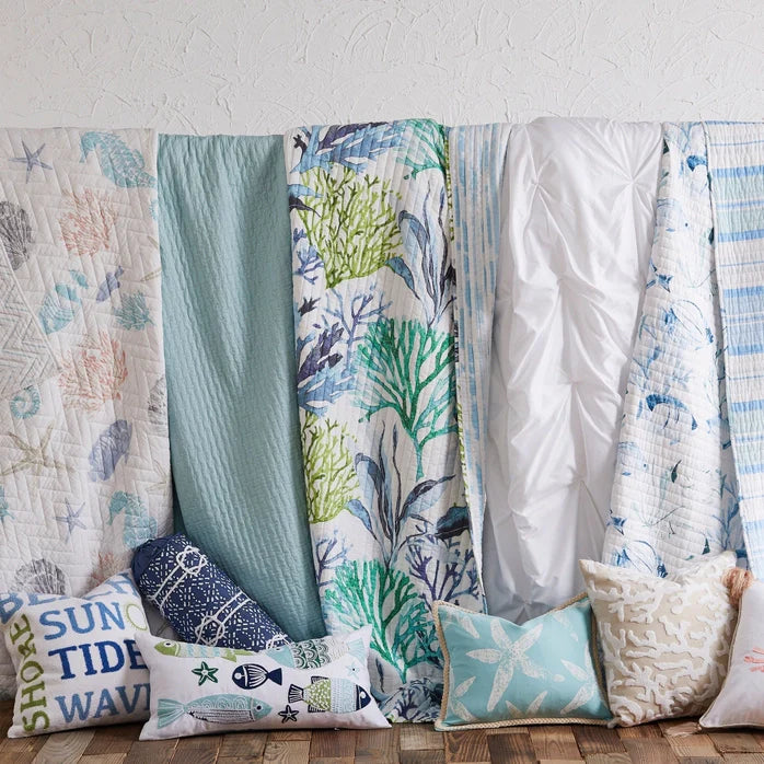 "Blue Sea Cotton Coastal Quilt Set - Seahorse, Shells and Coral"
