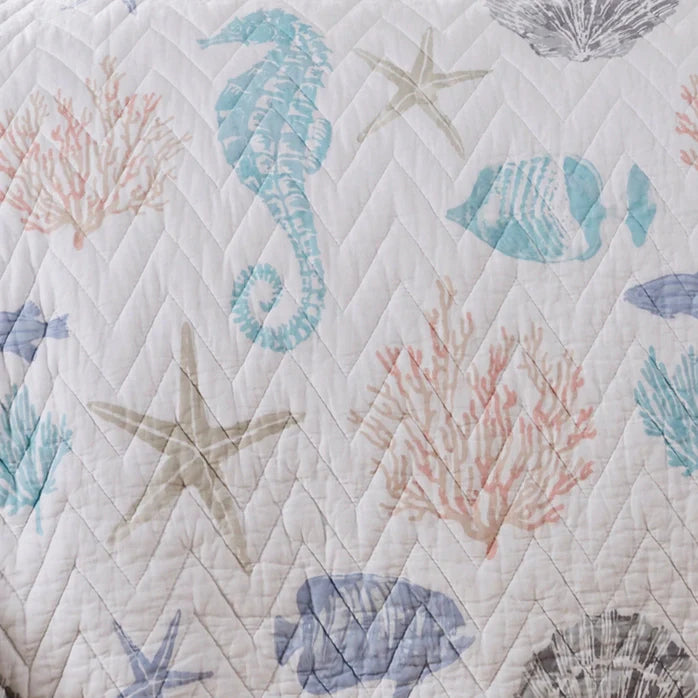 "Blue Sea Cotton Coastal Quilt Set - Seahorse, Shells and Coral"