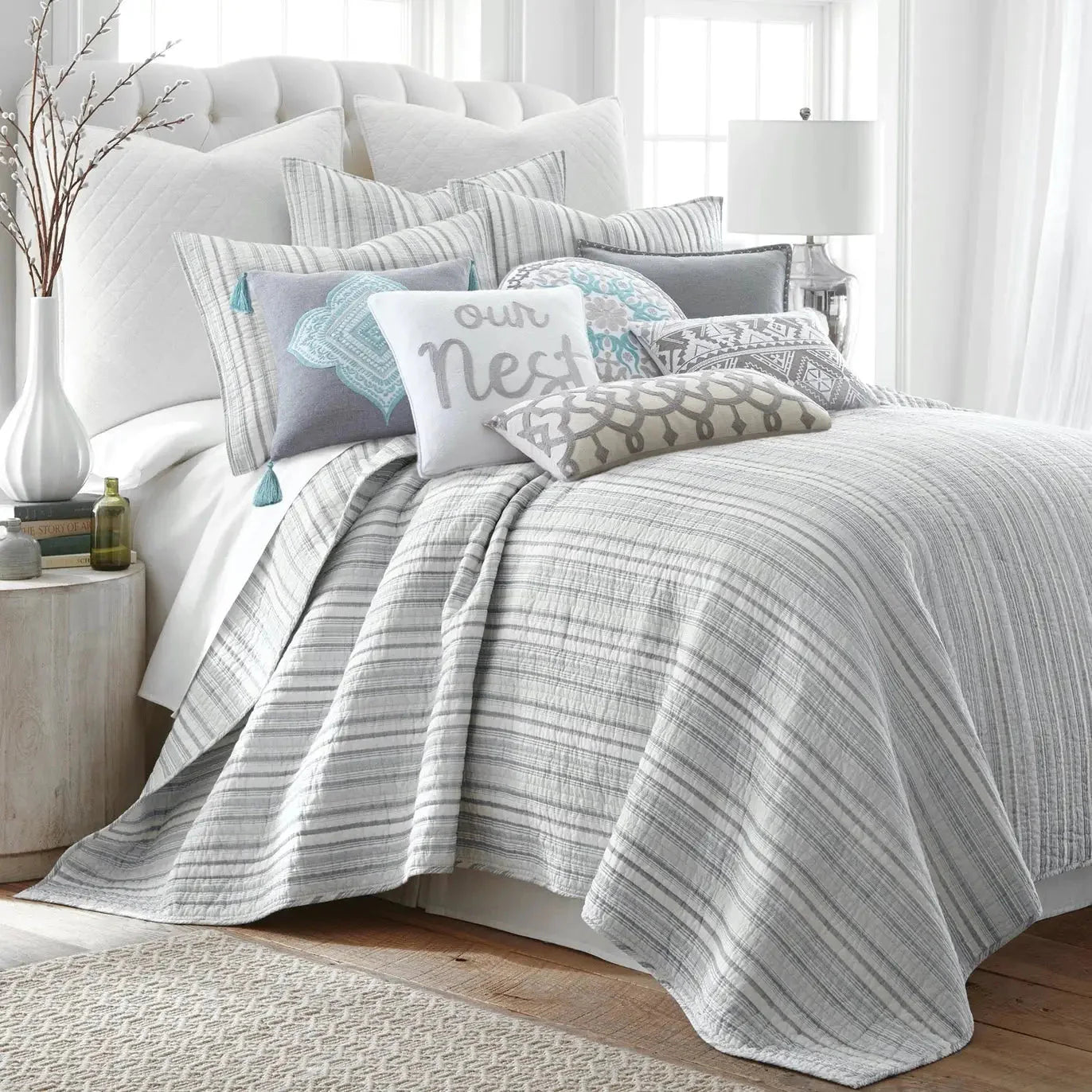 Bondi Stripe Grey Quilt Set Coastal Bedding Set Grey Hues