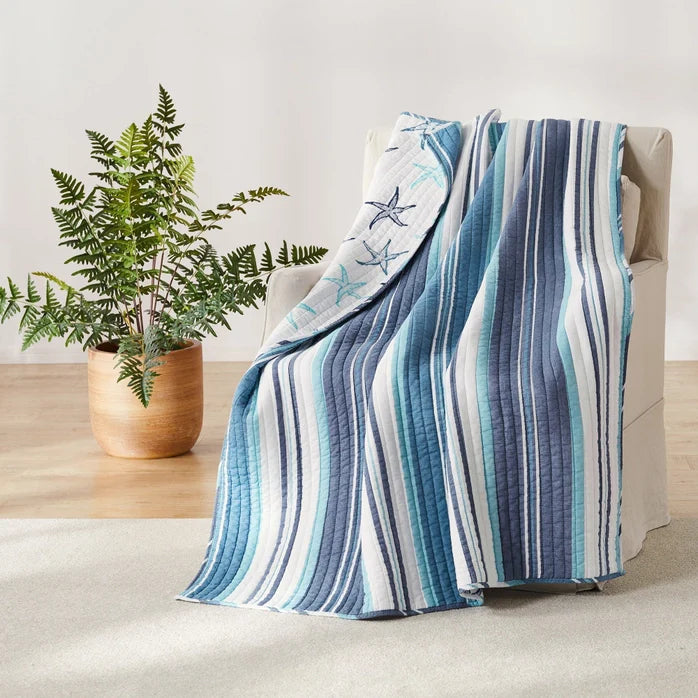 Camps Bay Quilted Throw - Coastal Throw Blanket - Light Blue And Navy Stripes
