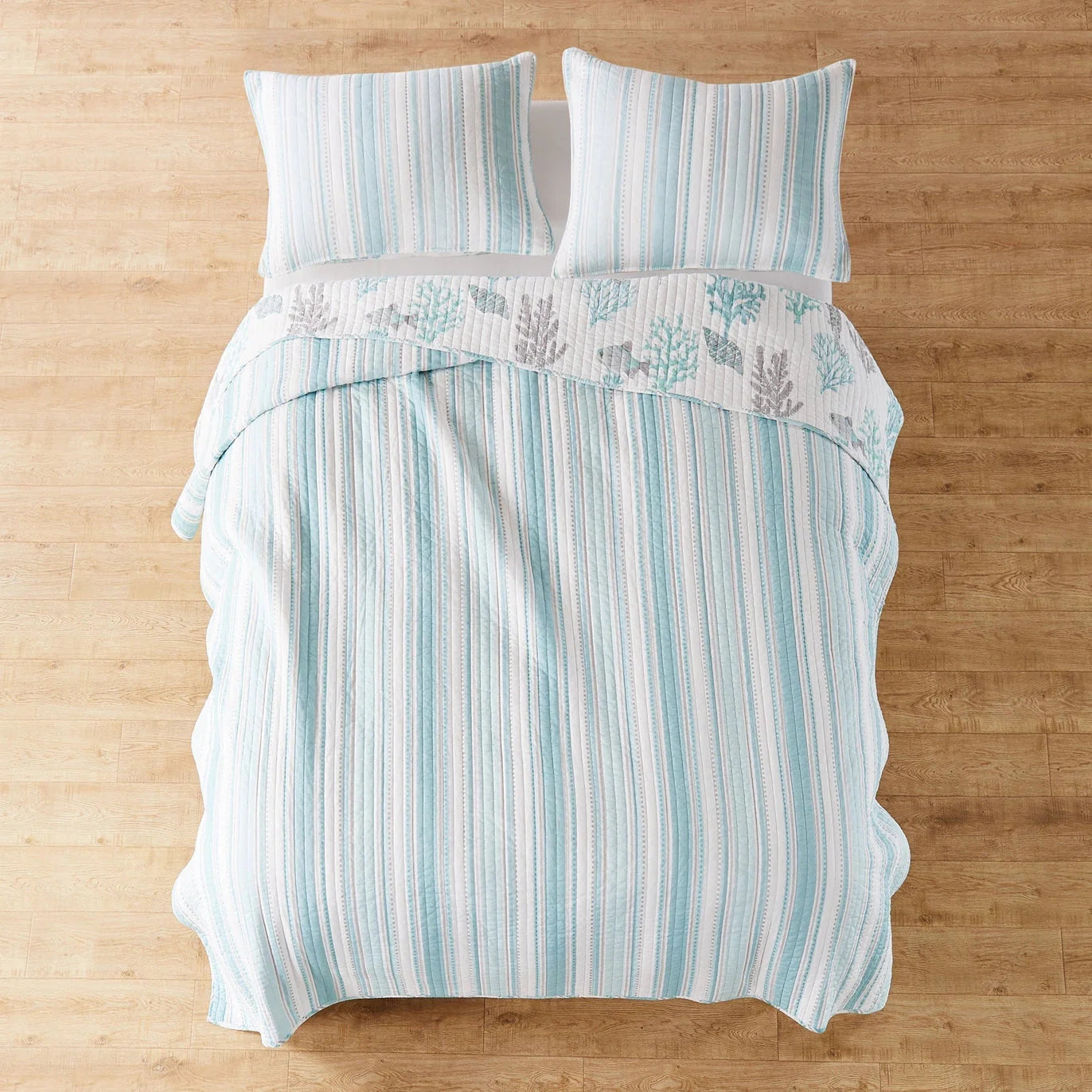 Cape Coral Quilt Set - Teal And White Stripe Coastal Quilt Set
