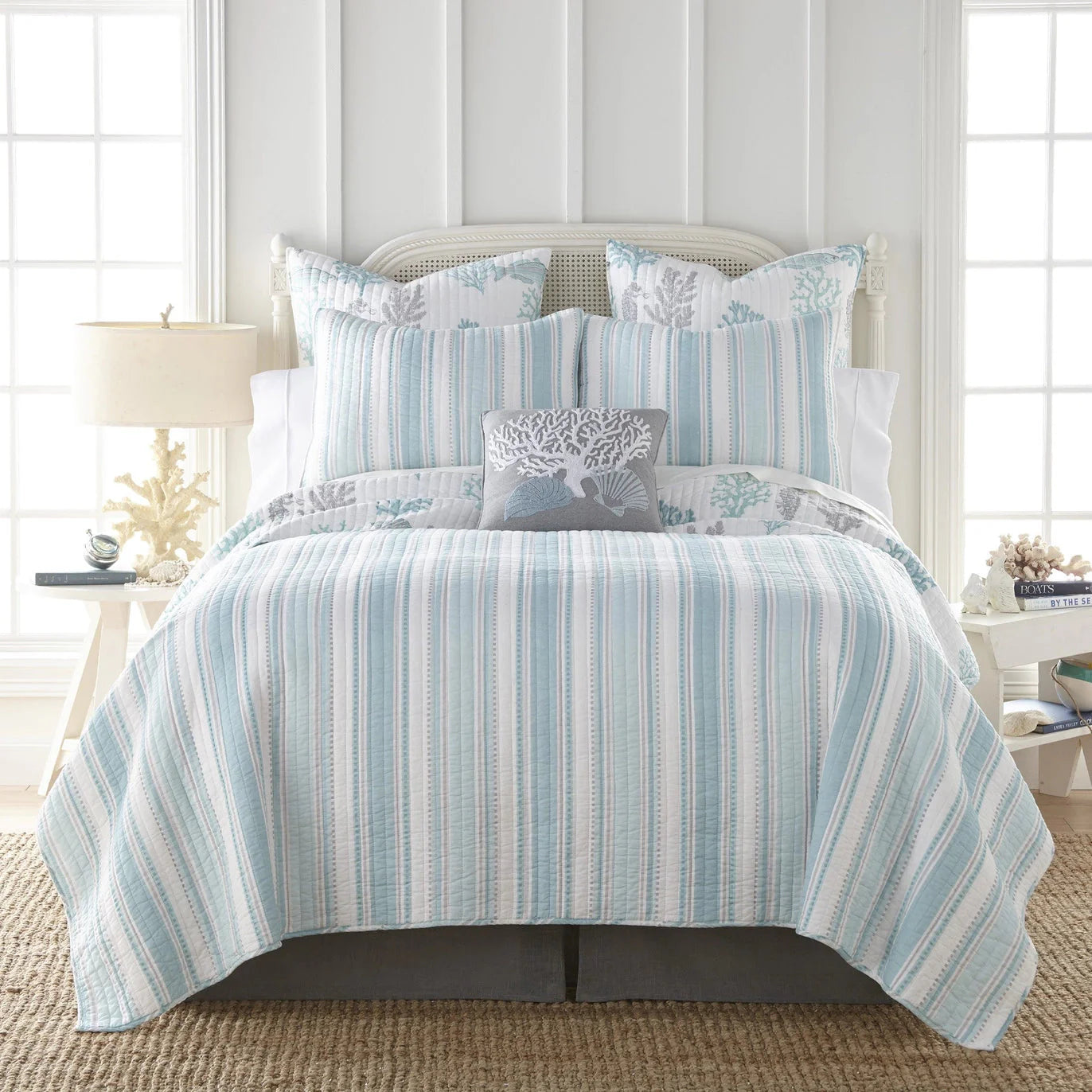 Cape Coral Quilt Set - Teal And White Stripe Coastal Quilt Set