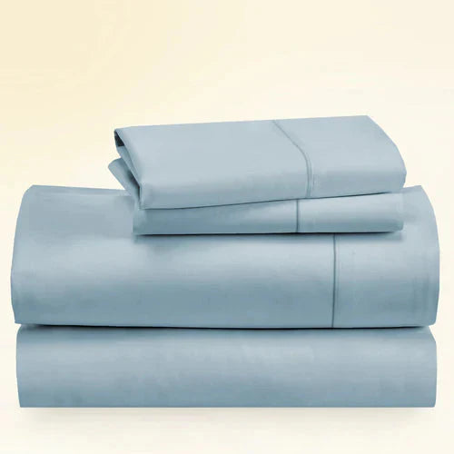 "CinchFit King Sheet Set in sky blue, 400TC cotton. Deep pocket fitted sheet stays tight on 15-inch mattresses."