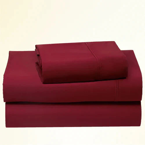 "CinchFit King Sheet Set in deep red, 400TC cotton. 15-inch pocket fitted sheet with secure corded elastic design."