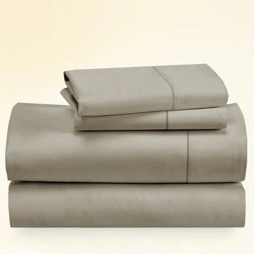 "CinchFit King Sheet Set in taupe, 400TC cotton. Deep pocket fitted sheet with corded elastic for a snug mattress fit."