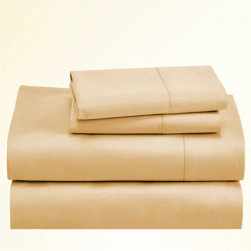 "CinchFit King Sheet Set in beige, 400TC cotton with 15-inch depth. Soft, breathable, and secure bedding made in the USA."