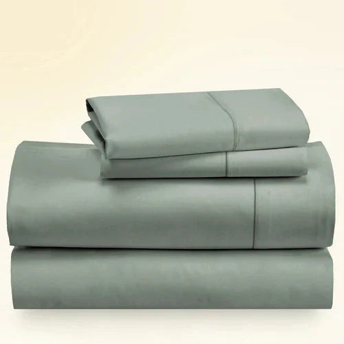 "CinchFit King Sheet Set in sage, 400TC cotton with 15-inch depth. Secure fit and breathable comfort for king beds."