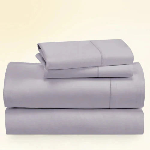 "CinchFit King Sheet Set in lavender gray, 400TC cotton. Deep pocket design ensures tight fit on king size mattresses."