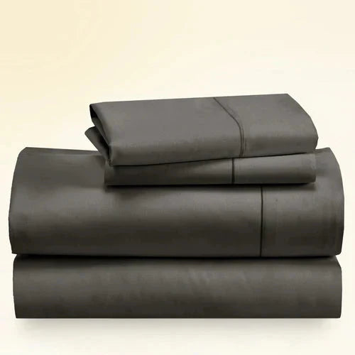 "CinchFit King Sheet Set in charcoal gray, 400TC cotton. Deep pocket fitted sheet with corded elastic for a snug fit."