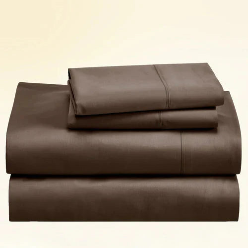 "CinchFit King Sheet Set in chocolate brown, 400TC cotton. Deep pocket fitted sheet stays in place on king beds."
