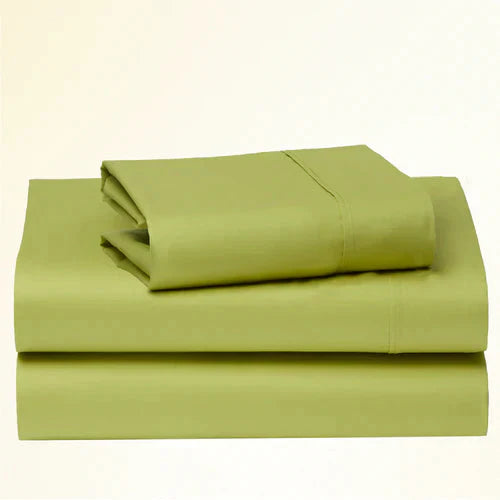 "CinchFit King Sheet Set in olive green, 400TC cotton. Deep pocket fitted sheet stays in place on king mattresses."