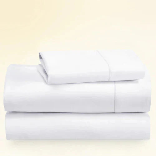 "CinchFit King Sheet Set in bright white, 400TC cotton. Deep pocket design fits 15-inch mattresses snugly and securely."