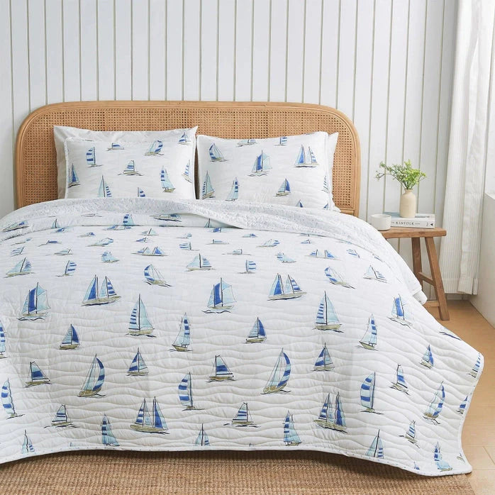 Coastal Blue Watercolor Sailboat Quilt Set 3PC - Lightweight Microfiber