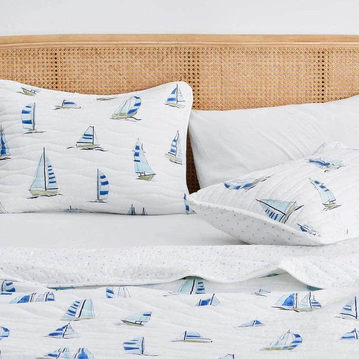 Coastal Blue Watercolor Sailboat Quilt Set 3PC - Lightweight Microfiber