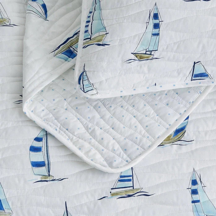 Coastal Blue Watercolor Sailboat Quilt Set 3PC - Lightweight Microfiber