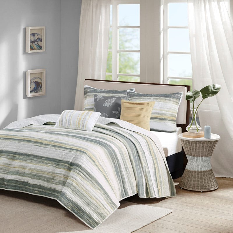 King Beach Quilt Set -  Marina Yellow And Grey Hues 6PC - Beach Themed Bedding Set