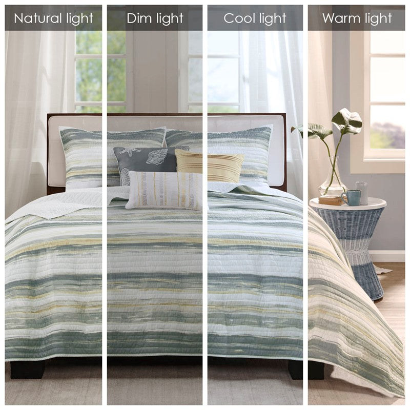 King Beach Quilt Set -  Marina Yellow And Grey Hues 6PC - Beach Themed Bedding Set