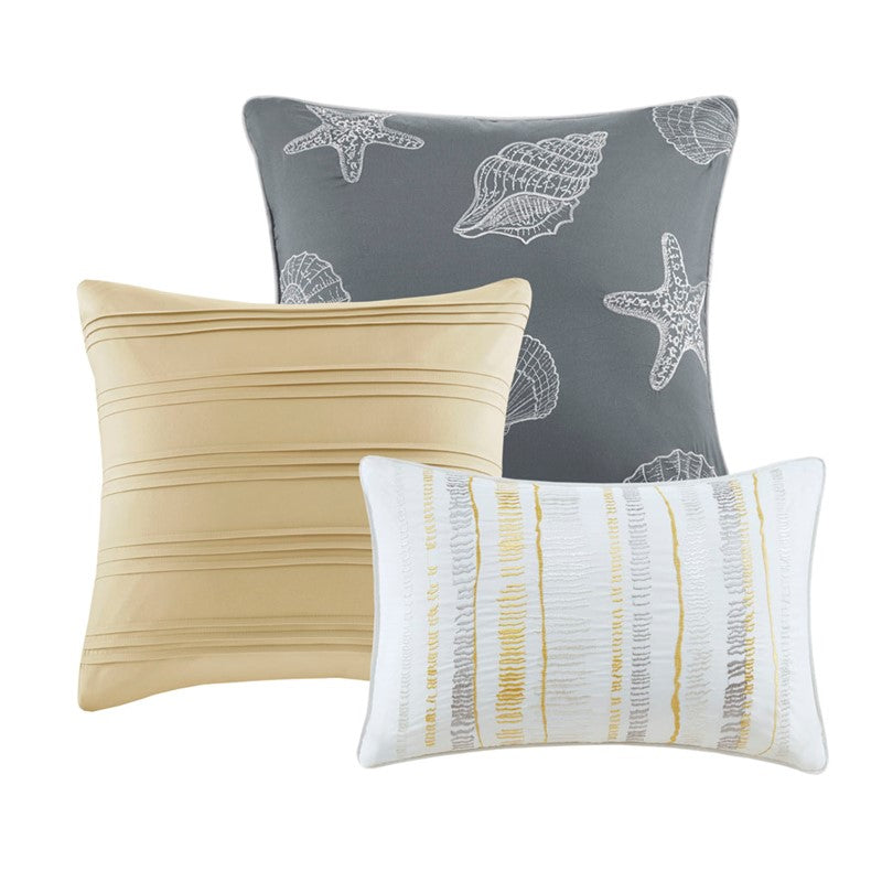 King Beach Quilt Set -  Marina Yellow And Grey Hues 6PC - Beach Themed Bedding Set
