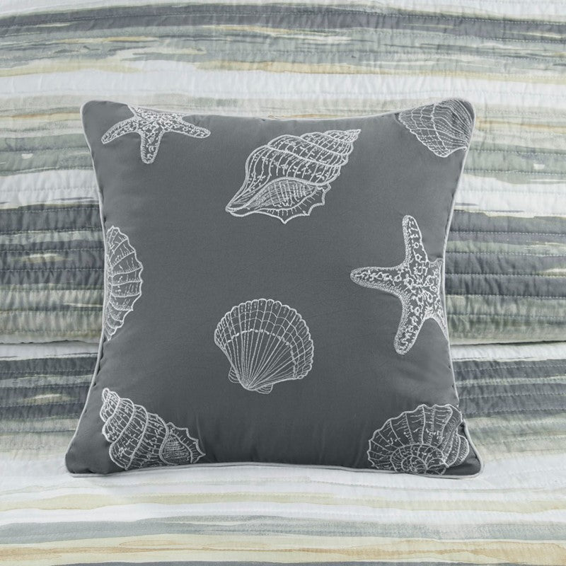 King Beach Quilt Set -  Marina Yellow And Grey Hues 6PC - Beach Themed Bedding Set