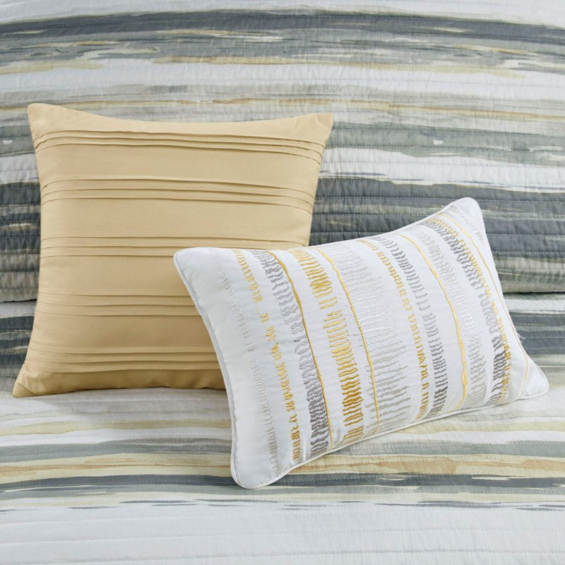 King Beach Quilt Set -  Marina Yellow And Grey Hues 6PC - Beach Themed Bedding Set