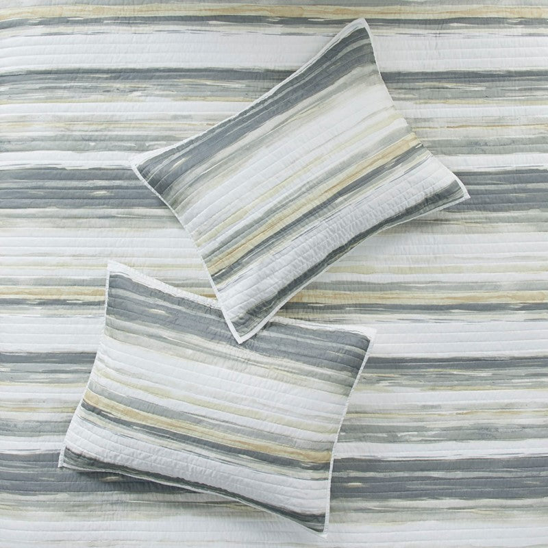 King Beach Quilt Set -  Marina Yellow And Grey Hues 6PC - Beach Themed Bedding Set