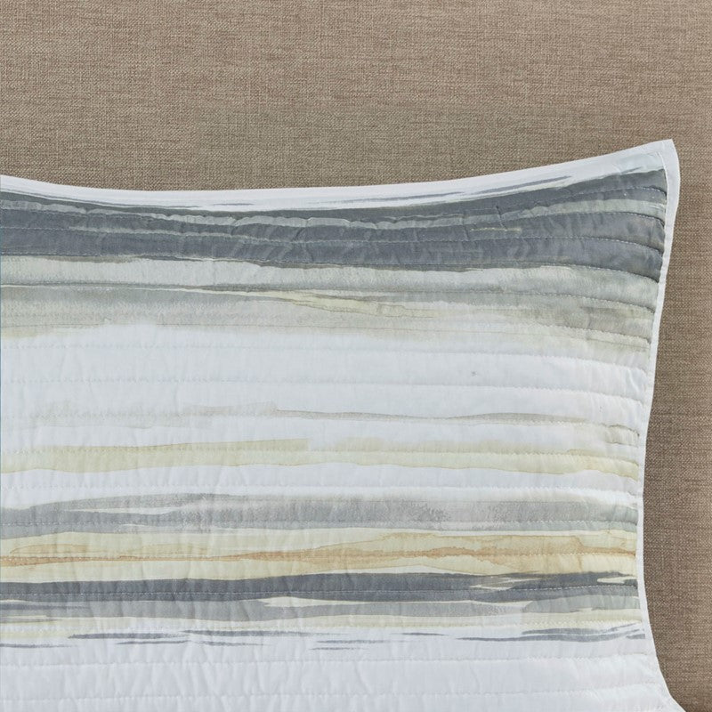King Beach Quilt Set -  Marina Yellow And Grey Hues 6PC - Beach Themed Bedding Set