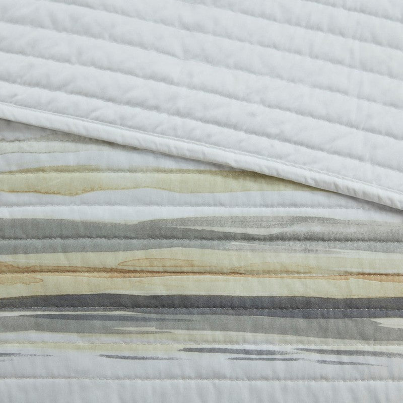 King Beach Quilt Set -  Marina Yellow And Grey Hues 6PC - Beach Themed Bedding Set