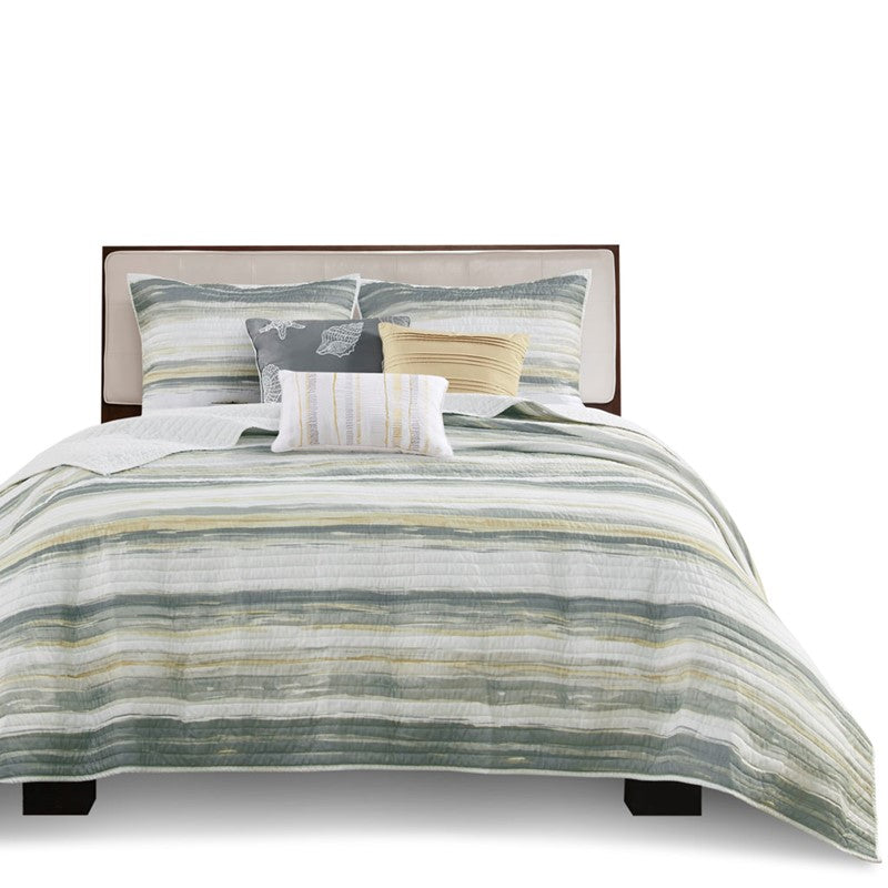 King Beach Quilt Set -  Marina Yellow And Grey Hues 6PC - Beach Themed Bedding Set