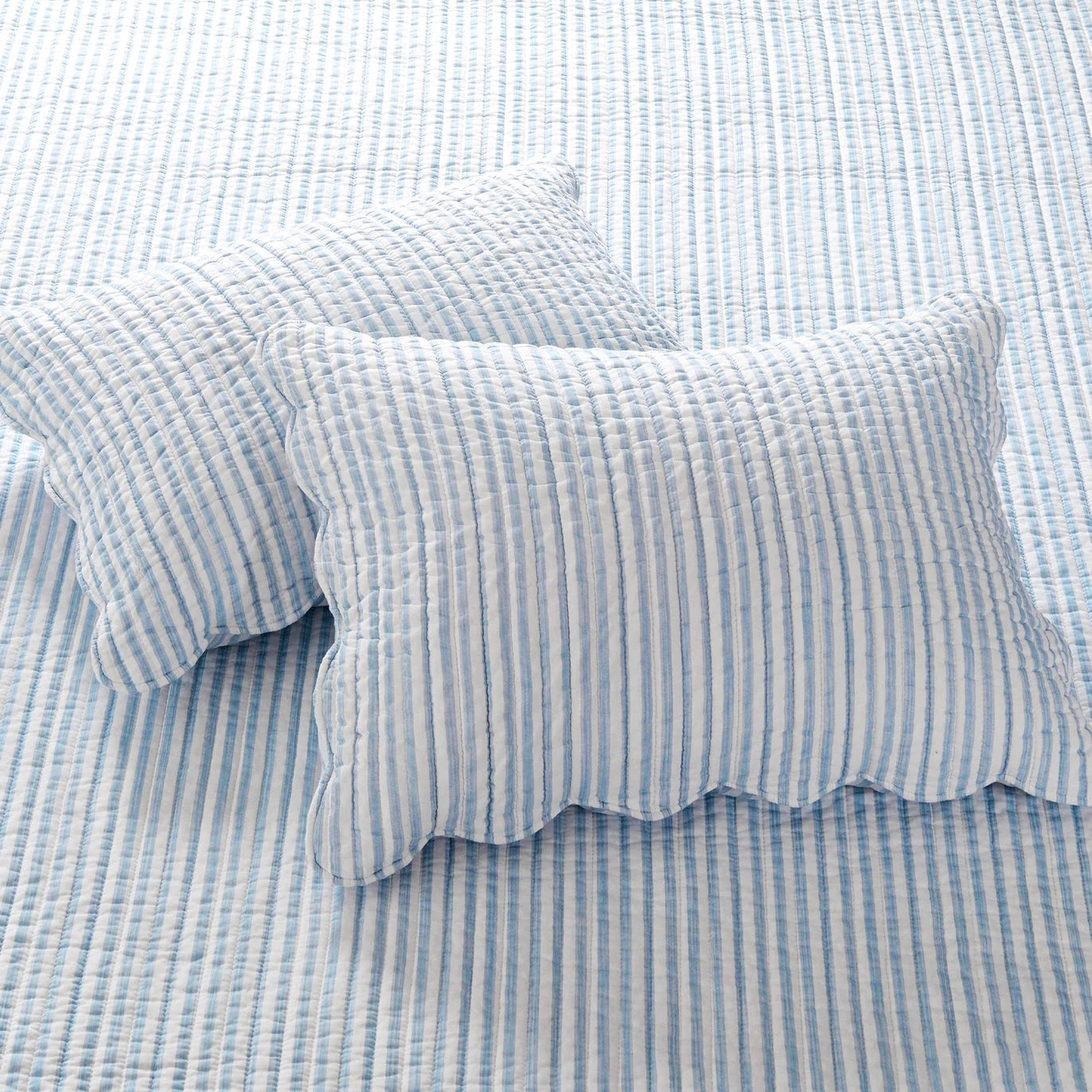 Martha Stripe Blue Quilt Set - Coastal Quilt Set - Blue Stripe - Scalloped Edges