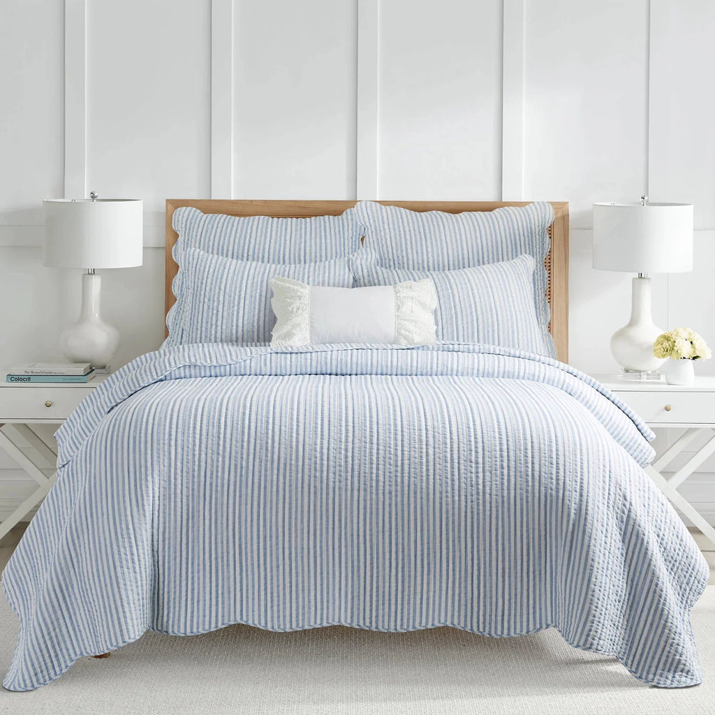 Martha Stripe Blue Quilt Set - Coastal Quilt Set - Blue Stripe - Scalloped Edges
