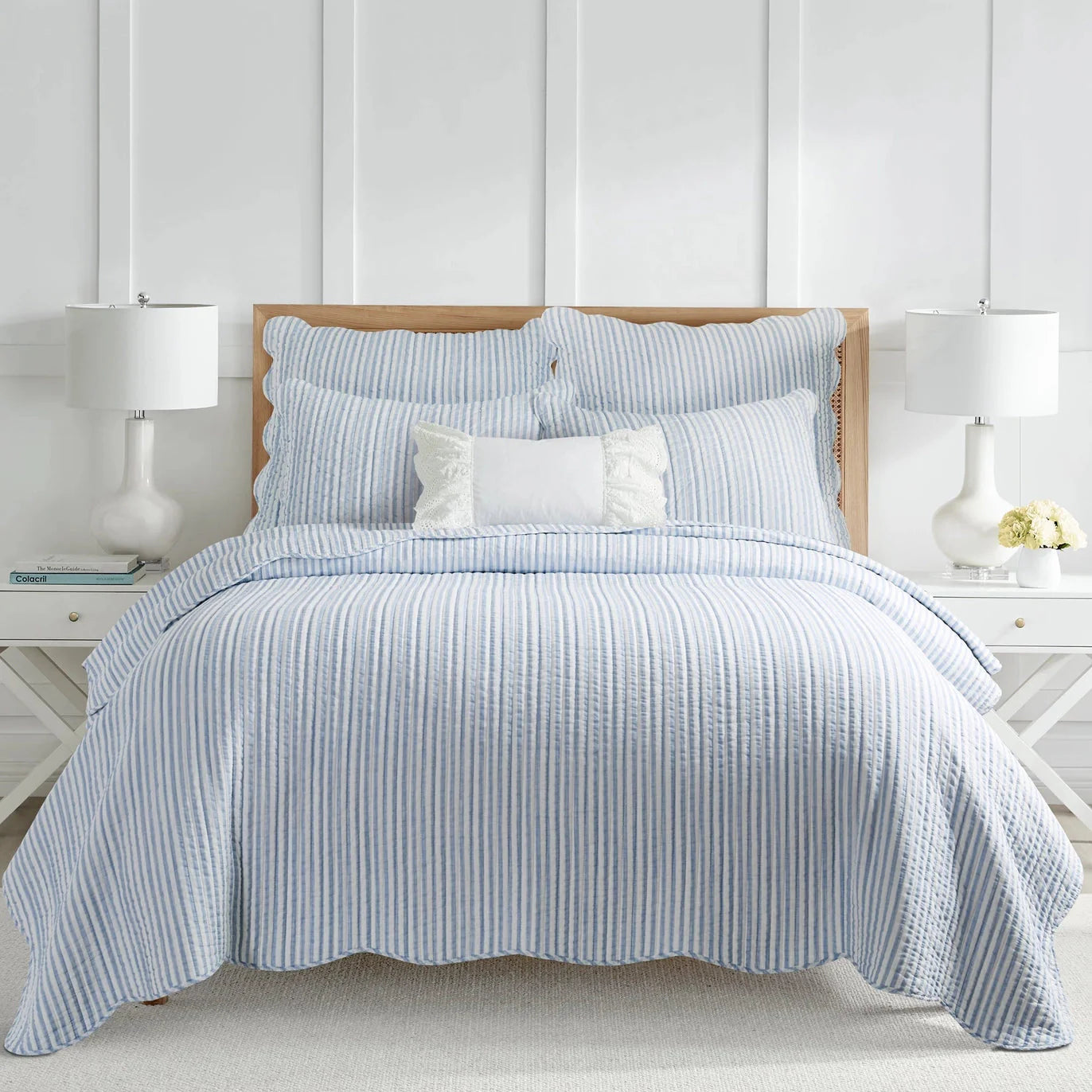 Martha Stripe Blue Quilt Set - Coastal Quilt Set - Blue Stripe - Scalloped Edges