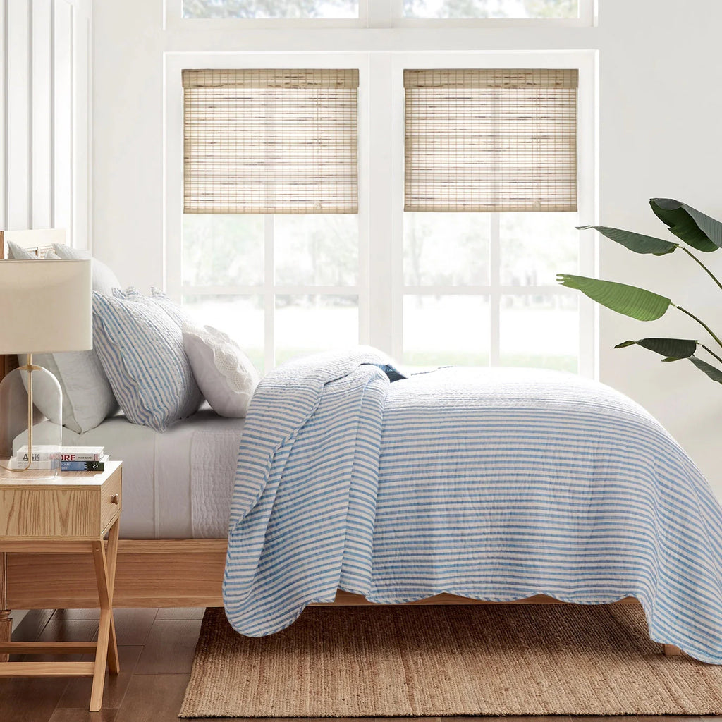 Martha Stripe Blue Quilt Set - Coastal Quilt Set - Blue Stripe - Scalloped Edges