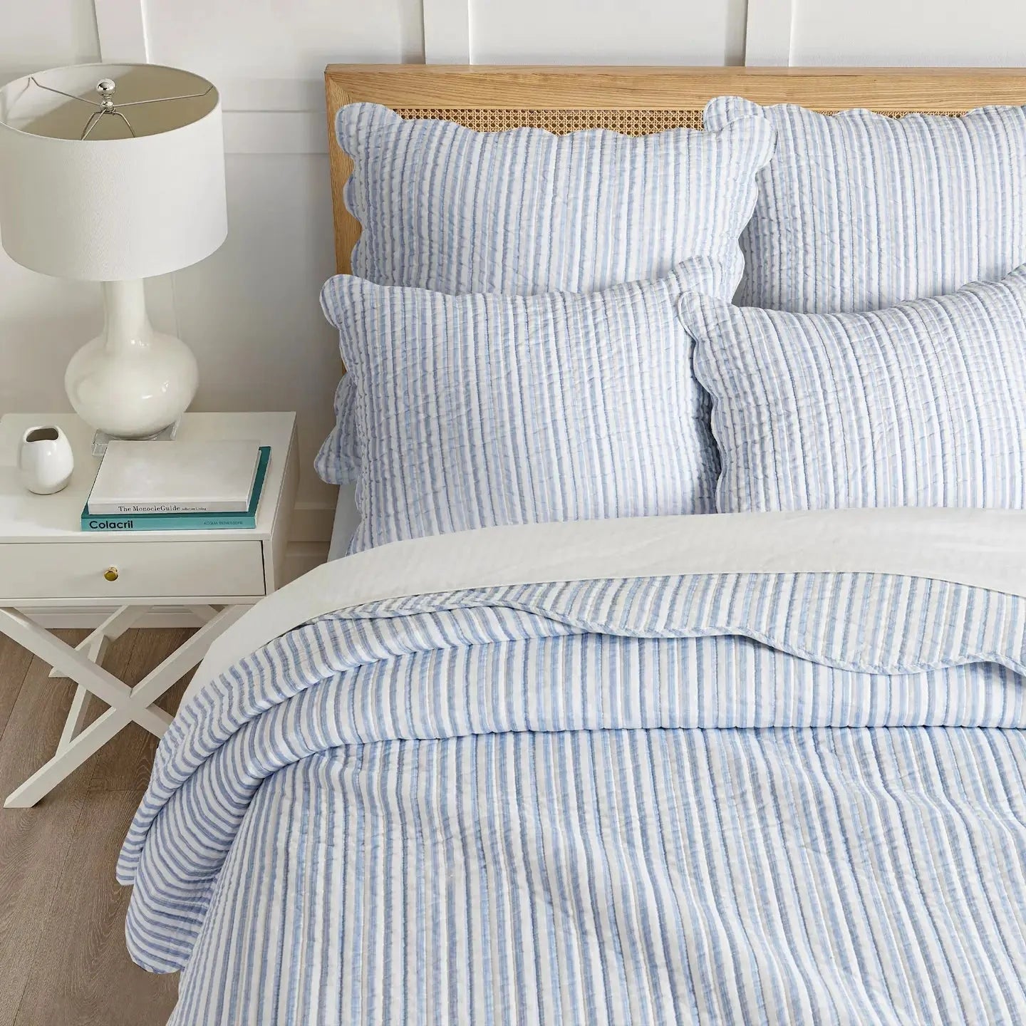 Martha Stripe Blue Quilt Set - Coastal Quilt Set - Blue Stripe - Scalloped Edges