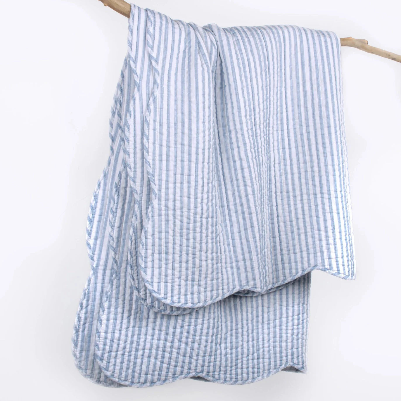 Martha Stripe Blue Quilted Throw - Scalloped Edge Coastal Bedding