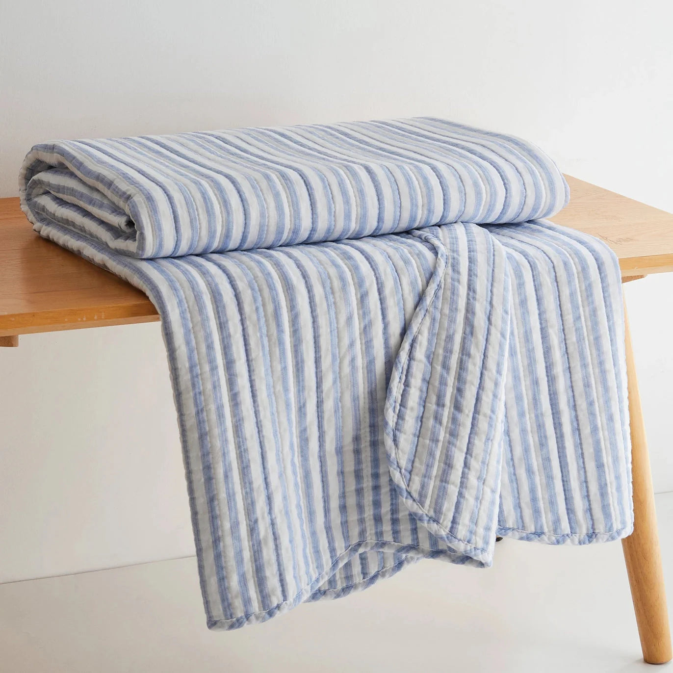 Martha Stripe Blue Quilted Throw - Scalloped Edge Coastal Bedding