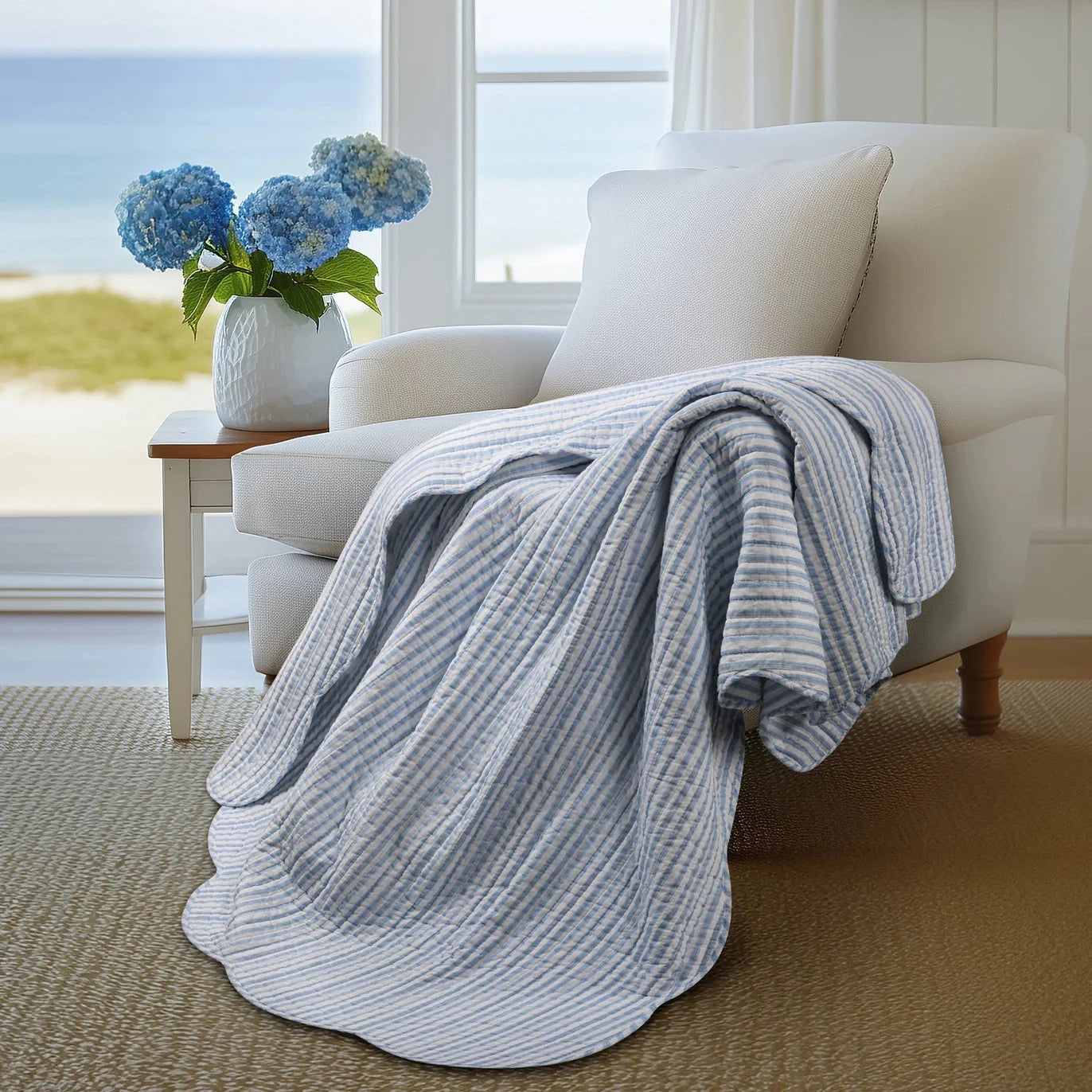 Martha Stripe Blue Quilted Throw - Scalloped Edge Coastal Bedding
