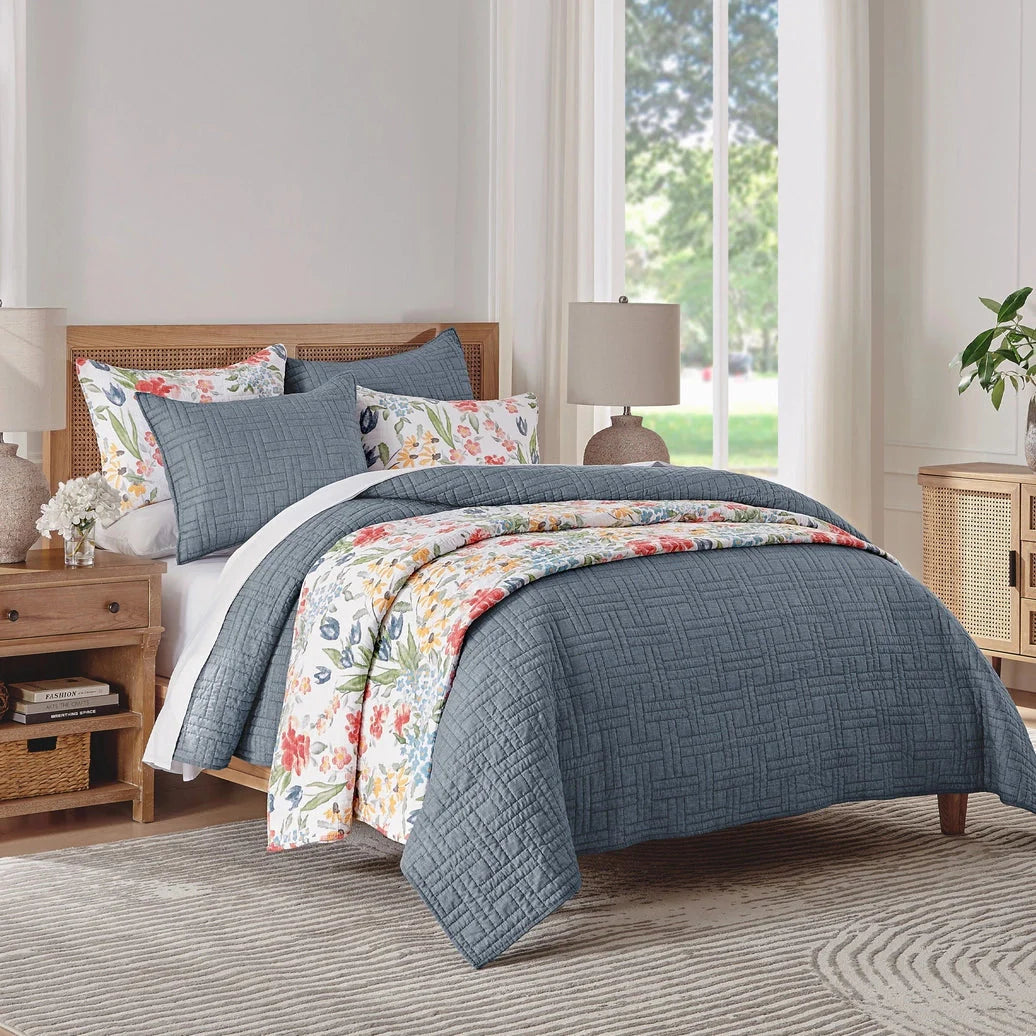 Melange Stitch Reversible Quilt Set - Chambray